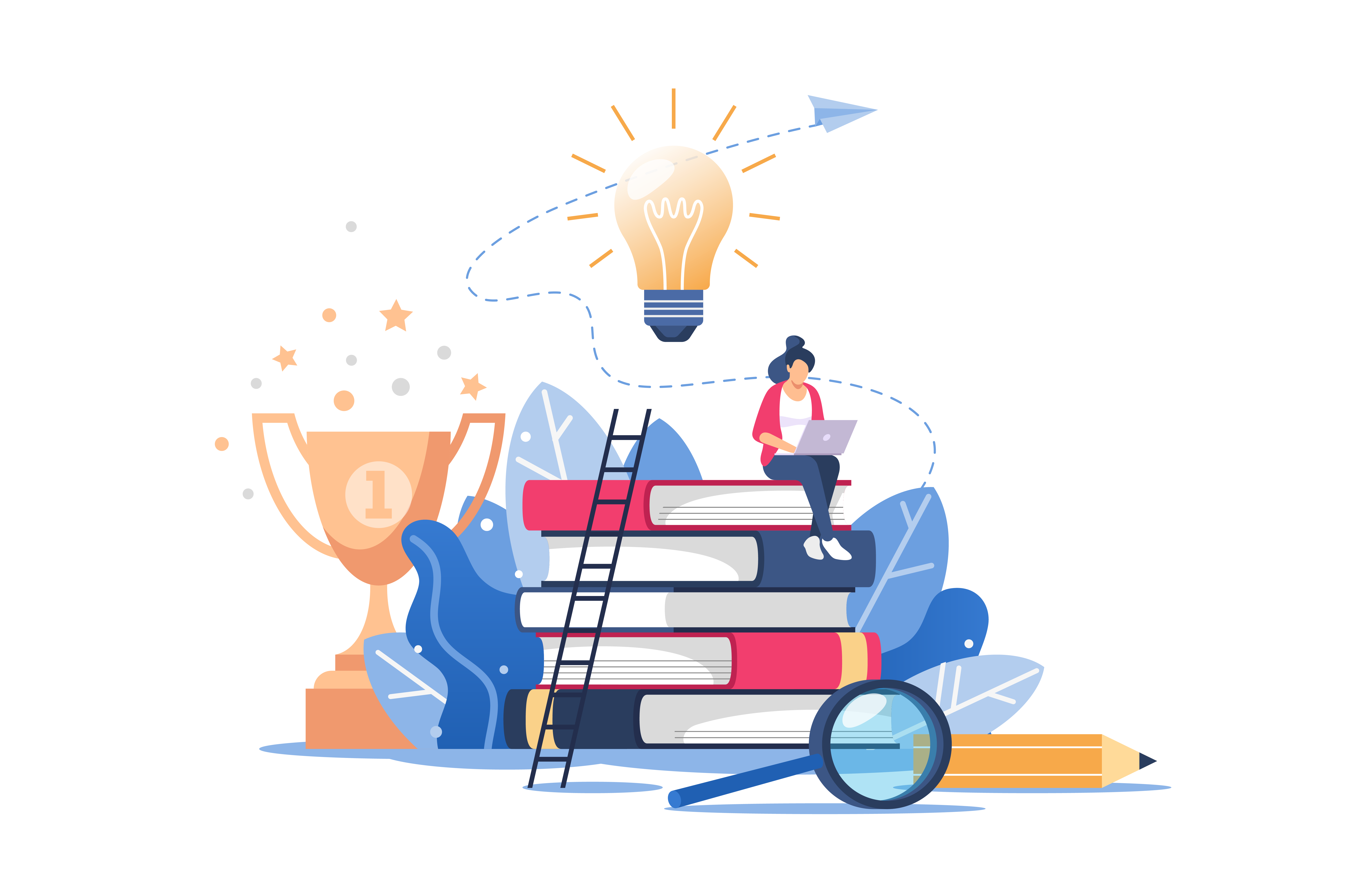 woman on top of books reading through a laptop